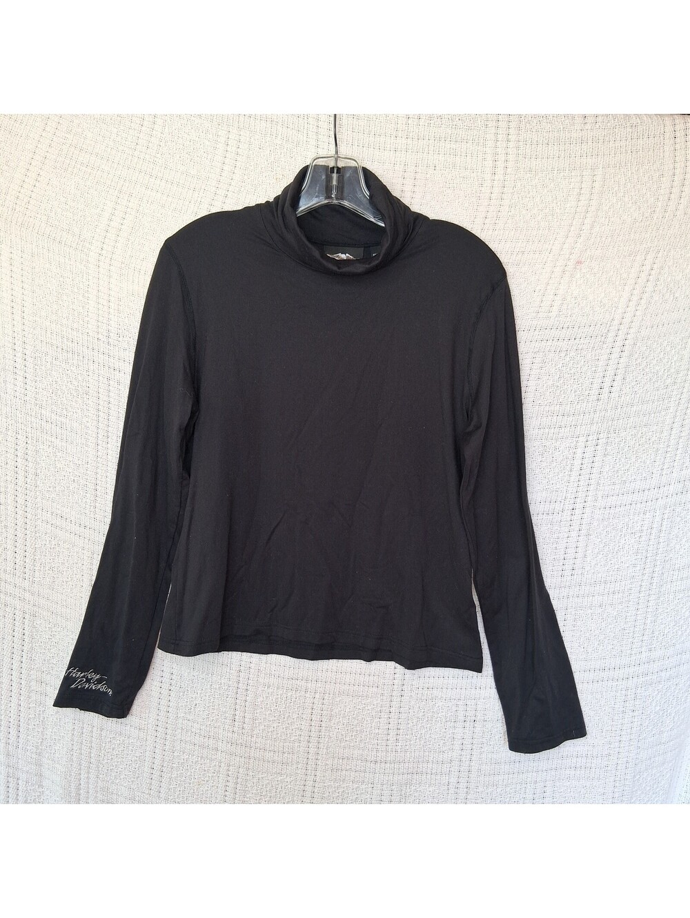 Harley Davidson Turtleneck Shirt Womens L Black Script Sleeve Embroidered y2k